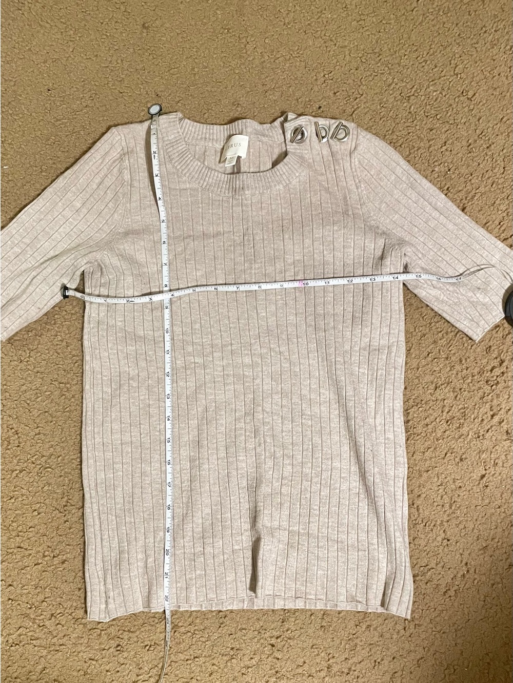 Cyrus Ribbed Short-Sleeve Crew Sweater with Shoulder Grommets - Beige